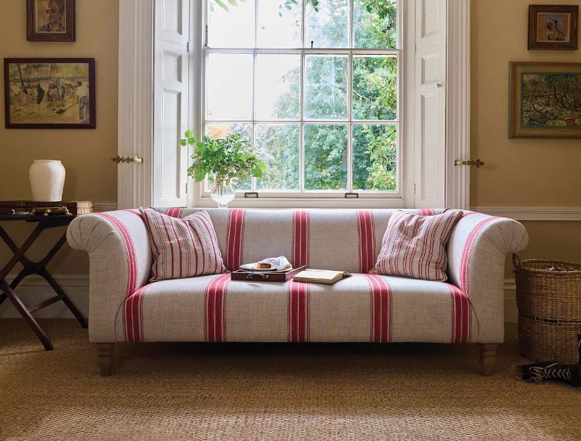 5 Exbury 3 Seater Sofa in Ganton Woven Linen Stripe Red with Scatters in Carthorpe and Hovingham Woven Linen Stripe Red